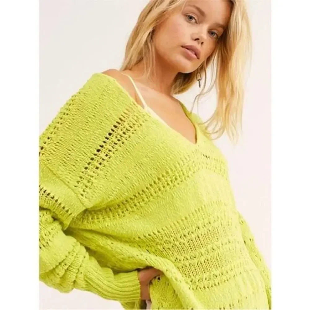 NWT Free People Hot Tropics Neon Limelight V-Neck Sweater Oversized xs